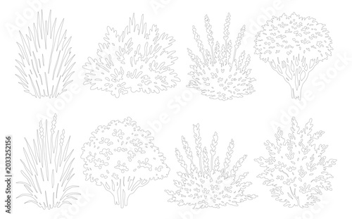 Minimalist line art bushes and shrubs collection, 8 botanical plant vector elements, simple outline garden greenery icons for landscape design