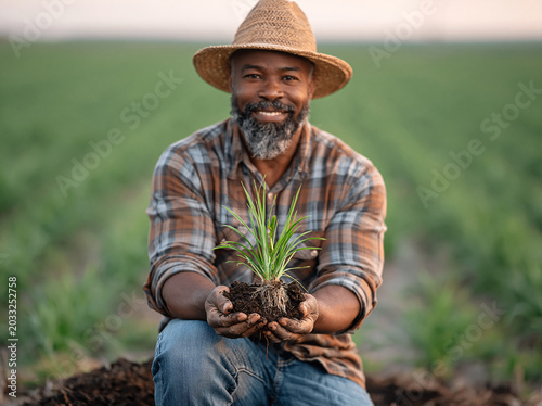 A smiling farmer holds a young plant in cupped hands, standing in a sunlit green crop field, symbolizing growth and hope.
