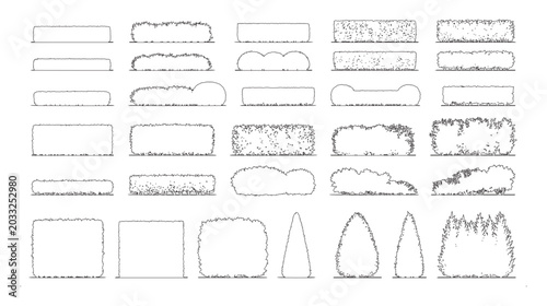 Fotografie CAD hedge and shrub elevation line drawing set, outline garden borders topiary b