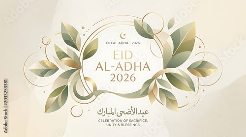 Eid al-adha 2026 decorative border with leaves and crescent moon, greeting