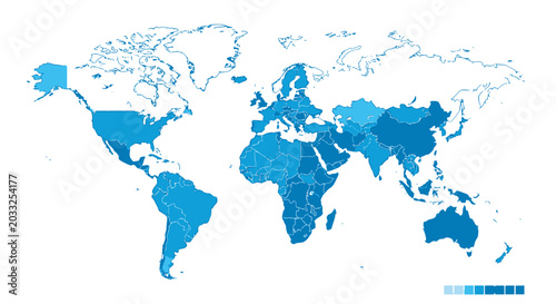 Obraz na płótnie Global world map data visualization with countries in gradient shades of blue and low-value legend on isolated white background