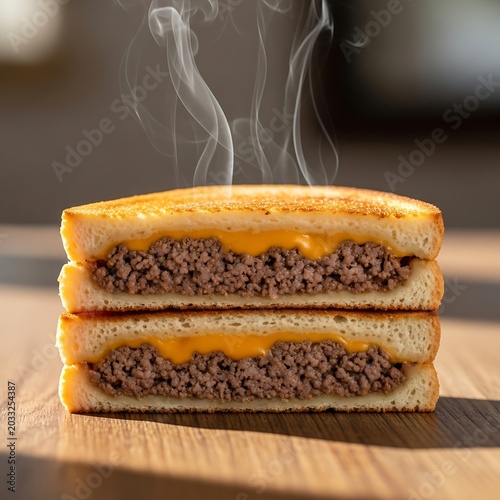 Steaming grilled cheese sandwiches packed with seasoned ground meat on a wooden surface