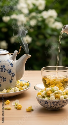 Steaming herbal tea poured from ornate pot into clear cup, floral garnishes