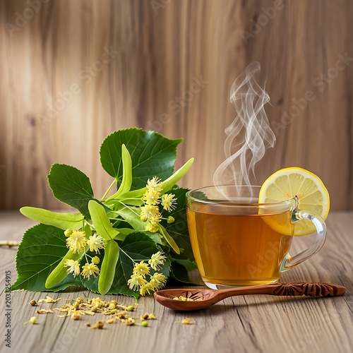 Steaming herbal tea with linden flowers, lemon slice, and wooden spoon on a rustic surface