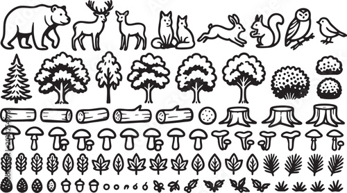 Photography Forest elements vector illustration set featuring various wild animals trees mus