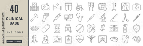 Editable stroke style medical line icons set for clinical diagnostics, telemedicine application interfaces and healthcare management graphics