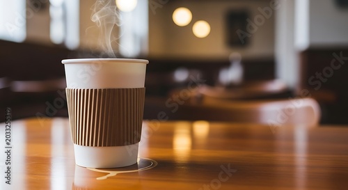 Steaming hot beverage in a paper cup sits on a wooden table in a cafe