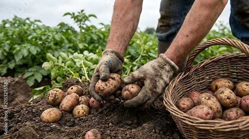 Hands harvesting fresh potatoes directly from the soil into a basket, showcasing the bounty of the earth