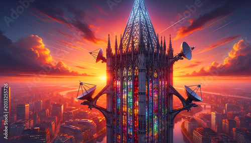 Modern skyscraper built in the Perpendicular Gothic style rises above the city skyline at sunset
