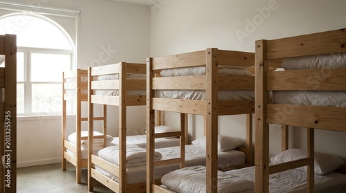 Bunk beds in a dormitory room with a large arched window. The wooden beds are neatly made with white linens