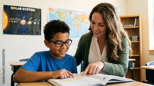 A female teacher smiling and pointing at an open book to help a young boy with his studies in a classroom