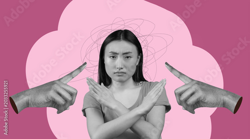 Fényképezés A woman with a confused expression as hands point in different directions around her