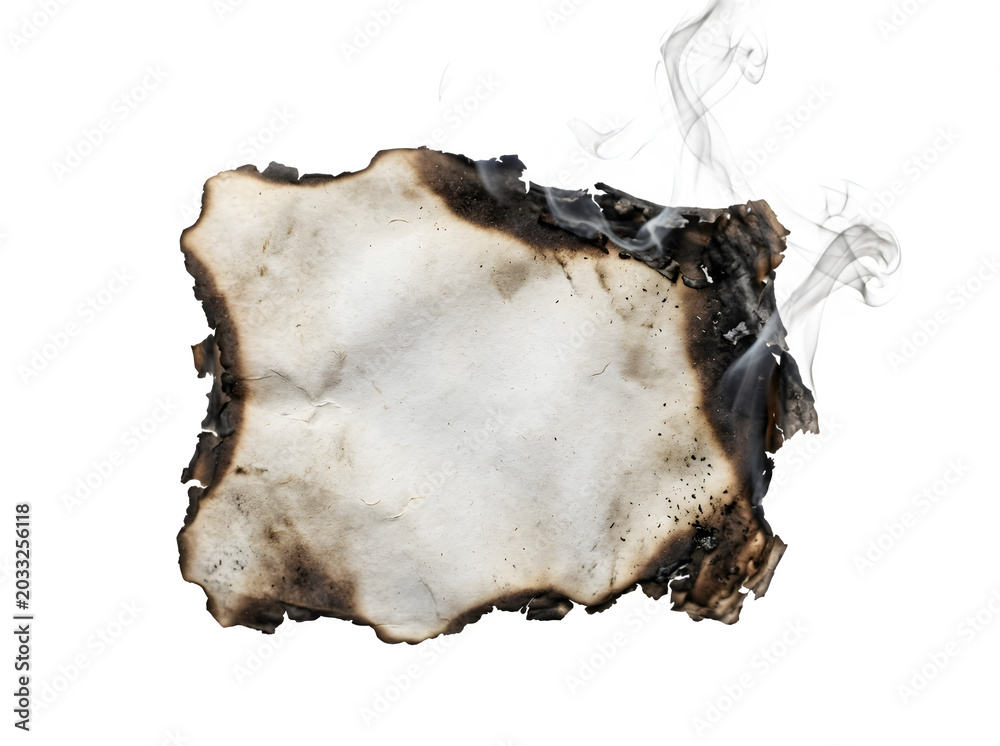 Fototapeta premium Burnt paper with smoke on isolated transparent background for design and editorial use