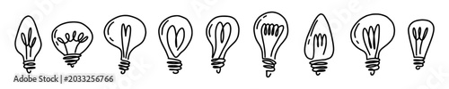 A horizontal illustration from a collection of hand-drawn light bulbs in a doodle style.