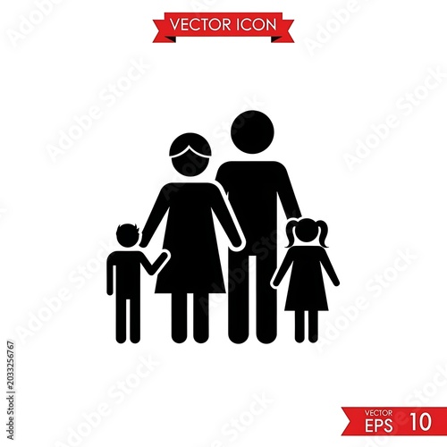 Stylized black silhouette of a family unit, parents and two children