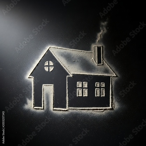 Stylized outline of a house on a dark, dusty background with subtle light