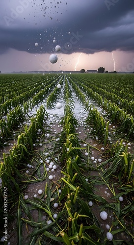 Storm-damaged cornfield with hail and lightning strikes under dark clouds