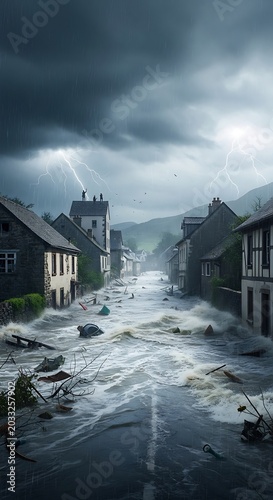 Storm-ravaged town under torrential rain and lightning, with flooded streets