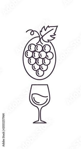 Stylized bunch of grapes above a wine glass in a minimalist outline