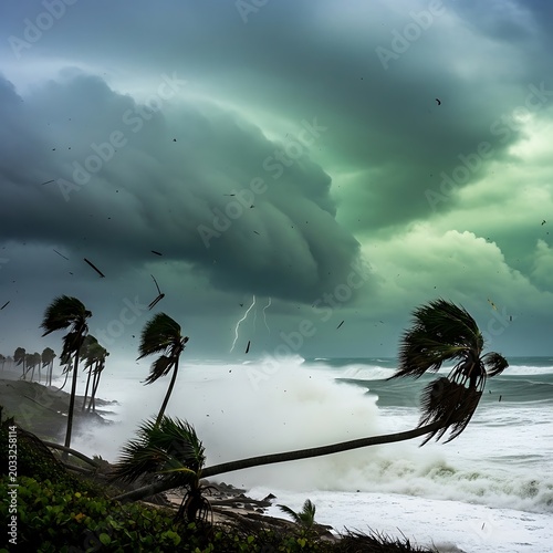 Stormy coast with bending palm trees, powerful waves, and lightning