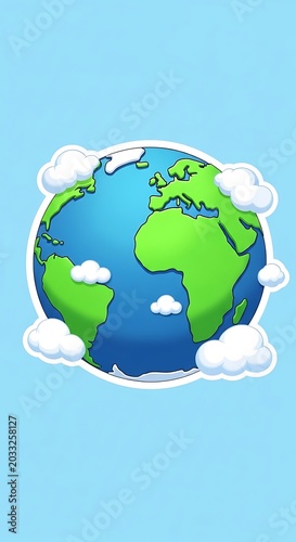 Stylized planet Earth with continents and clouds, set against a sky blue background