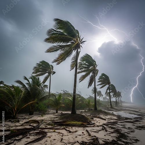 Stormy beach with palm trees bending under lightning, wind, and rain