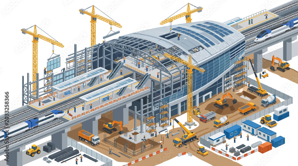 Fototapeta premium Modern high-speed train station under construction, showcasing advanced infrastructure development and engineering progress