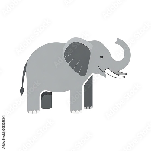 Stylized cartoon elephant with gray body, large ears, trunk up, and tusks