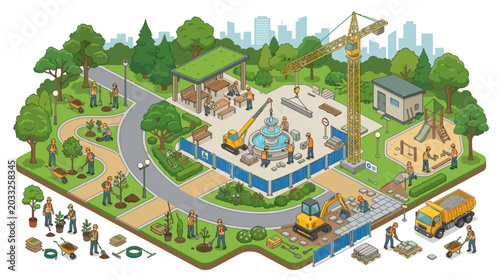 Bild auf Leinwand Urban park construction and development isometric illustration showcasing landsc