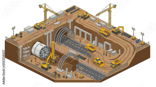 Photos Isometric view of tunnel construction site with heavy machinery and excavation e