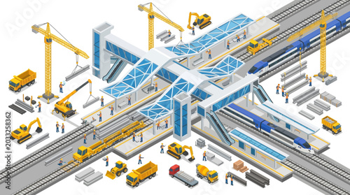 Canvastavla High-angle view of an urban railway station construction site with trains, crane