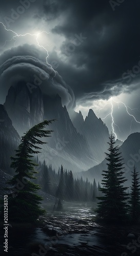 Stormy mountains loom, lightning cracks sky above dark, foreboding pine forest