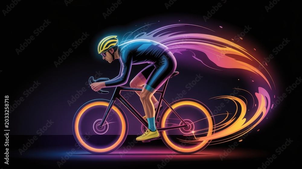 Fototapeta premium Dynamic cyclist with glowing neon light trails on dark background