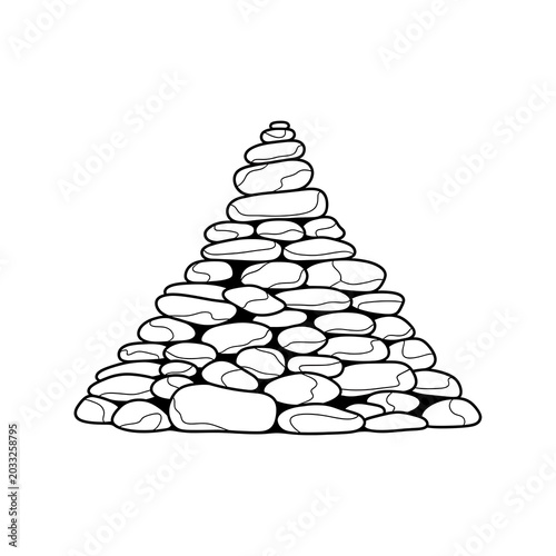 Stylized pyramid of stacked, rounded stones, balanced precariously