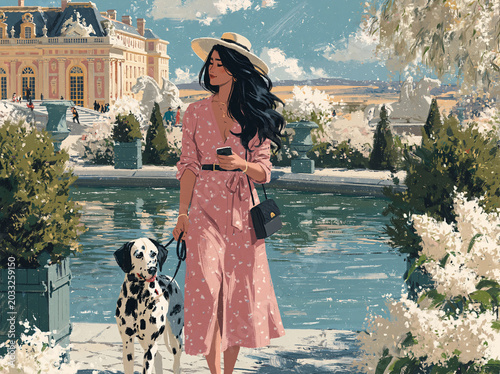 A woman walks her Dalmatian dog through a sunlit palace garden, framed by blooming flowers and a fountain.