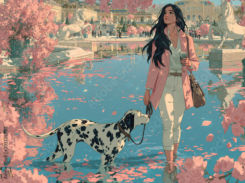 A woman walks her Dalmatian dog through a sunlit palace garden, framed by blooming flowers and a fountain.