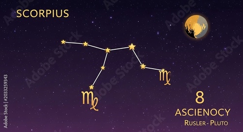 Stylized representation of the Scorpius constellation with astrological symbols and celestial body