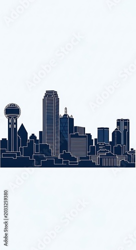 Stylized city skyline silhouette with iconic tower against a bright sky