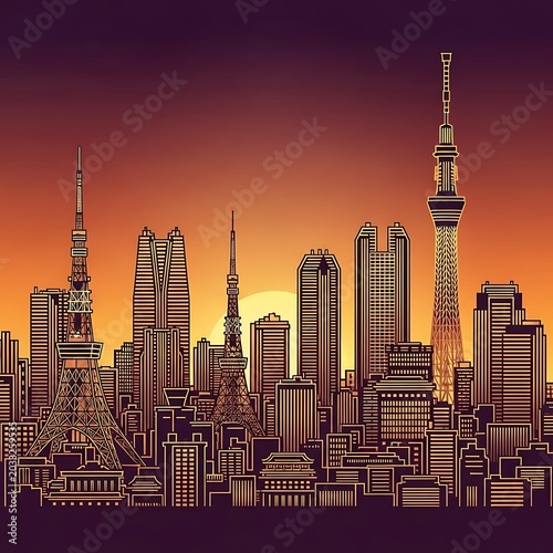 Stylized city skyline with prominent towers and modern architecture against a warm sunset