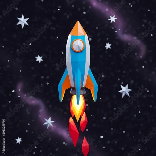 Stylized rocket blasts off through a starry, purple nebula