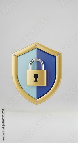 Stylized shield with golden padlock symbolizing security and protection