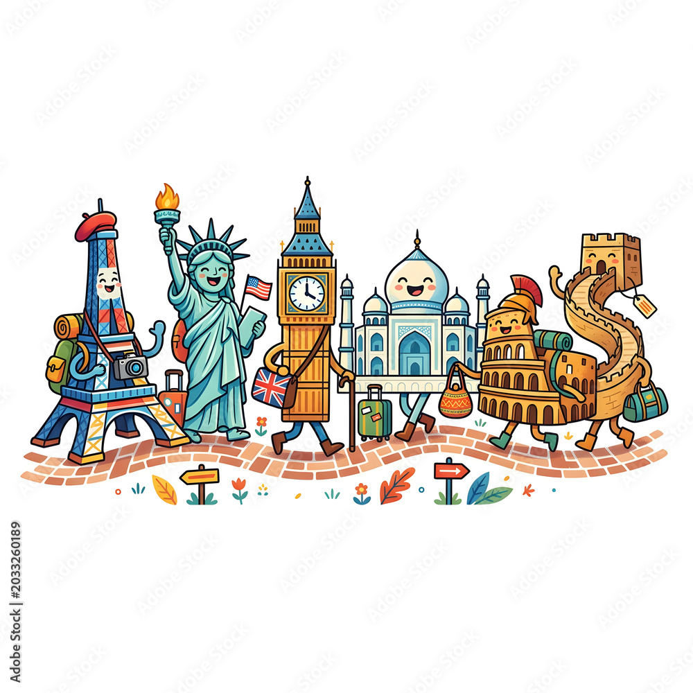 Obraz premium Cute World Landmarks Travel Cartoon Vector Famous Monuments Around the World Fun Adventure Illustration.