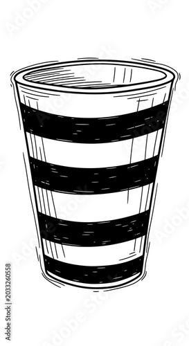 Stylized striped cup illustration, black and white drawing, clean lines
