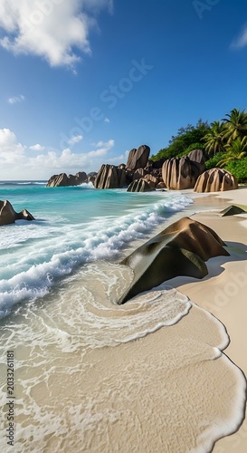 Sunny tropical beach with turquoise waves crashing on white sand and granite boulders