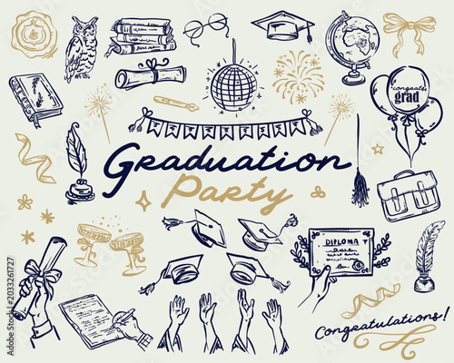 Graduation Party vector hand drawn whimsical illustration set	
