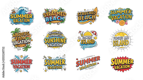 Bild auf Leinwand Summer Vacation Graphic Collection: A vibrant compilation of colorful, stylized text graphics and illustrations celebrating summer, beach, and vacation themes