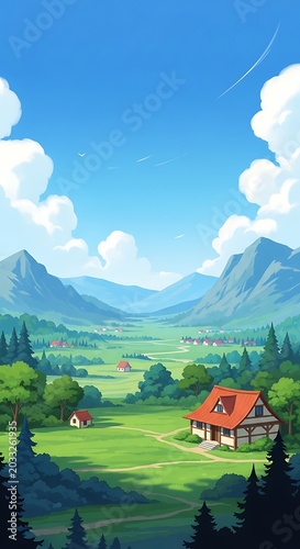 Sunny valley with quaint cottages, rolling hills, and majestic mountains under a blue sky