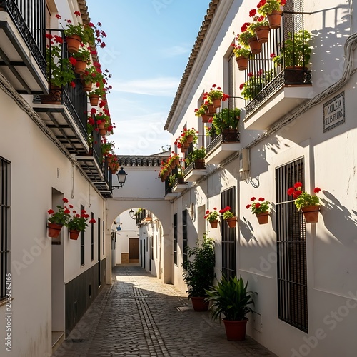 Sunny whitewashed alley adorned with blooming red flowers on balconies