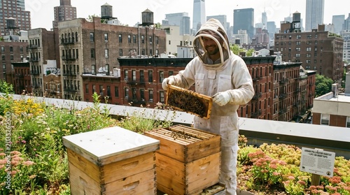 Beekeeper tends rooftop hive with city skyline backdrop