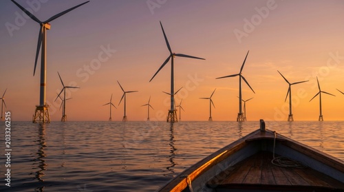 Boat approaching offshore wind turbine farm at golden sunset